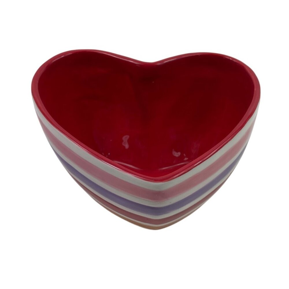 Heart-Shaped Ceramic Bowl With Multicolor Stripes Red Interior 6" Diameter - Picture 2 of 13